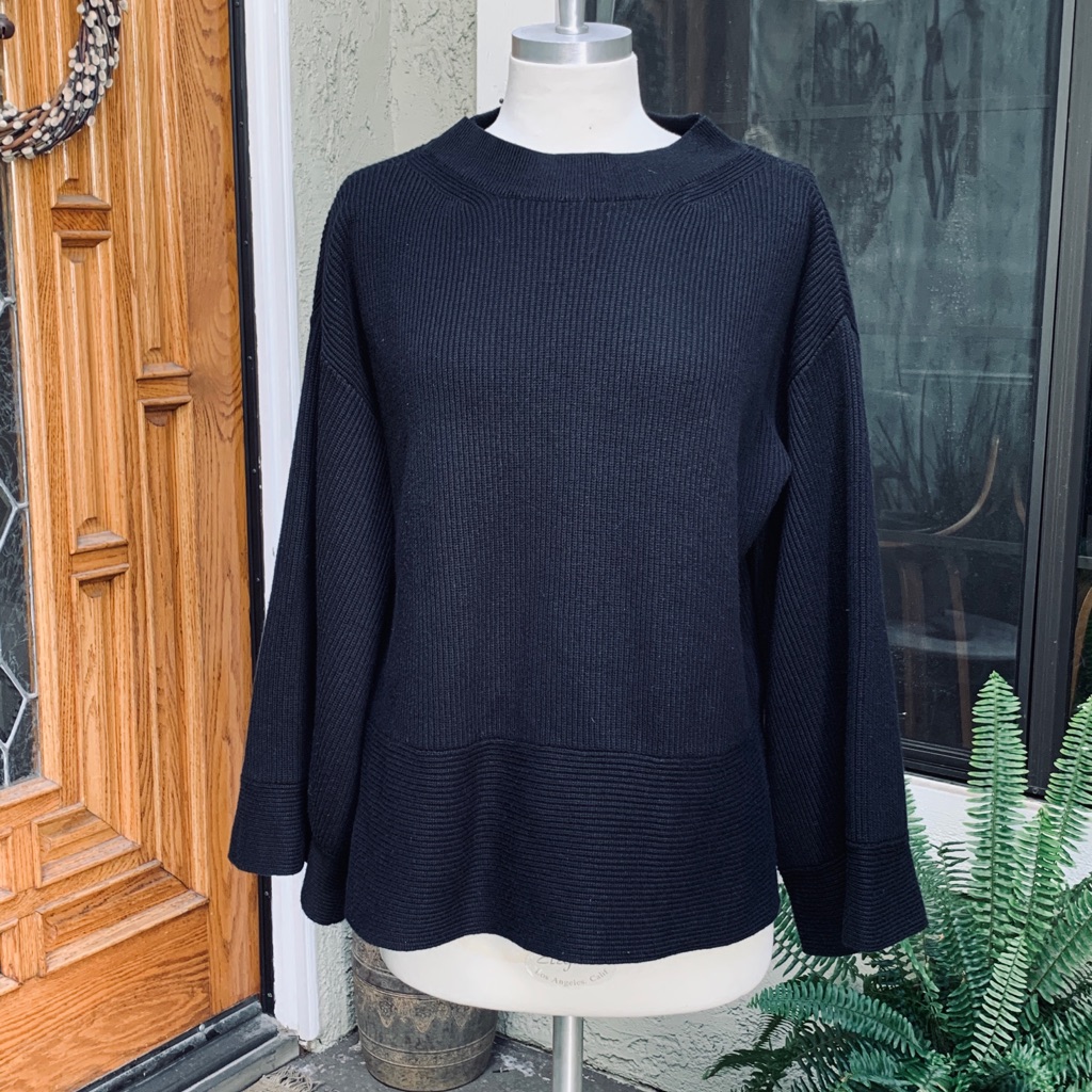 Lacausa Sunset Sweater Bell Sleeve Crew Neck Black Cotton/ Cashmere Blend Ribbed